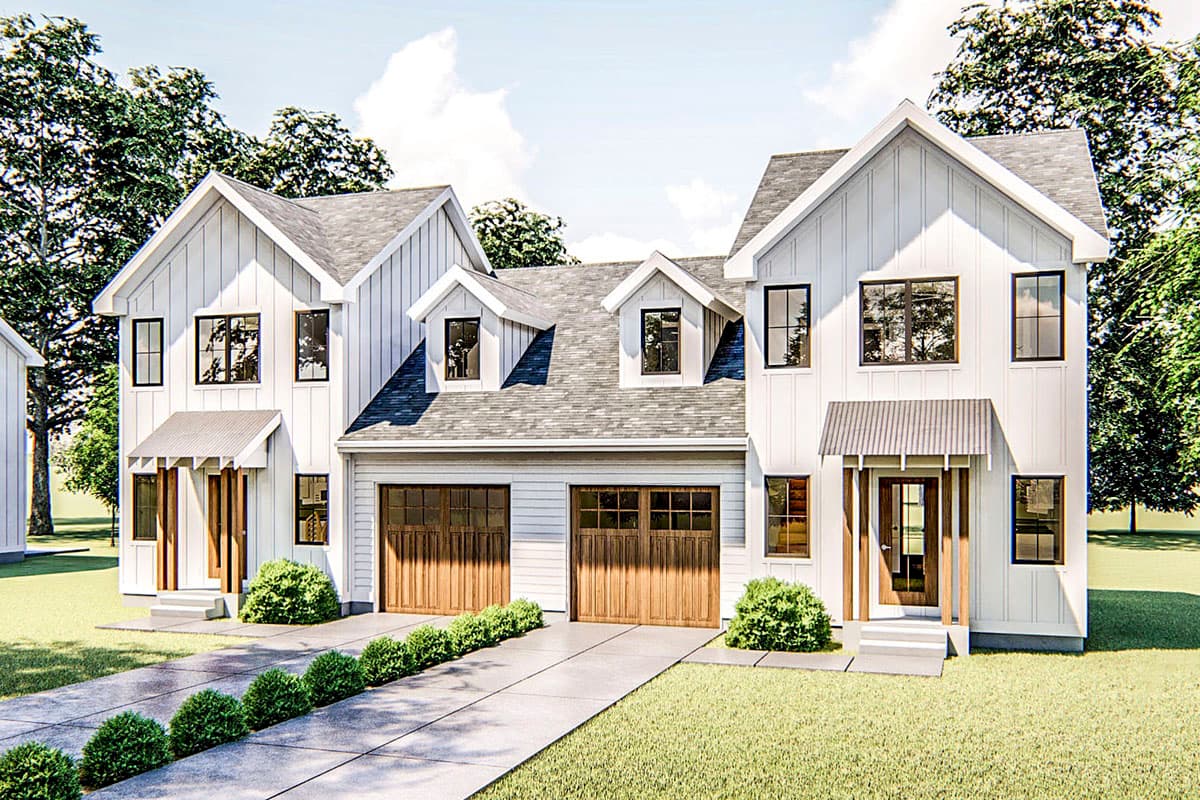 Modern farmhouse exterior. Two-story house plan with gabled rooflines, dormers, and a covered porch. Attached two-car garage visible.