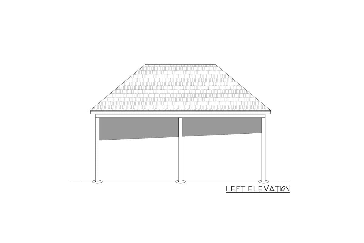 Left elevation drawing of a two-car carport with hipped roof and two support columns.