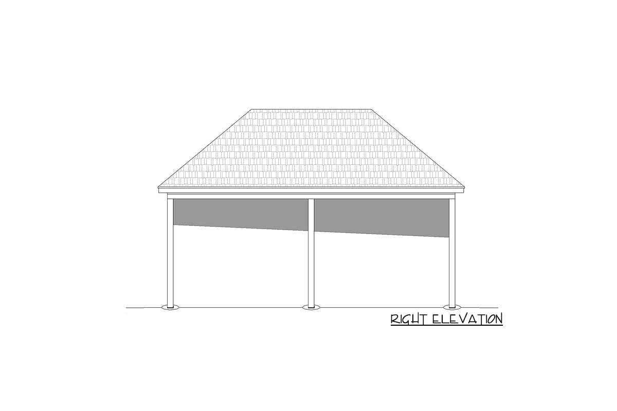 Right elevation of a house plan showing a hip roof, two support columns, and a shaded area underneath.