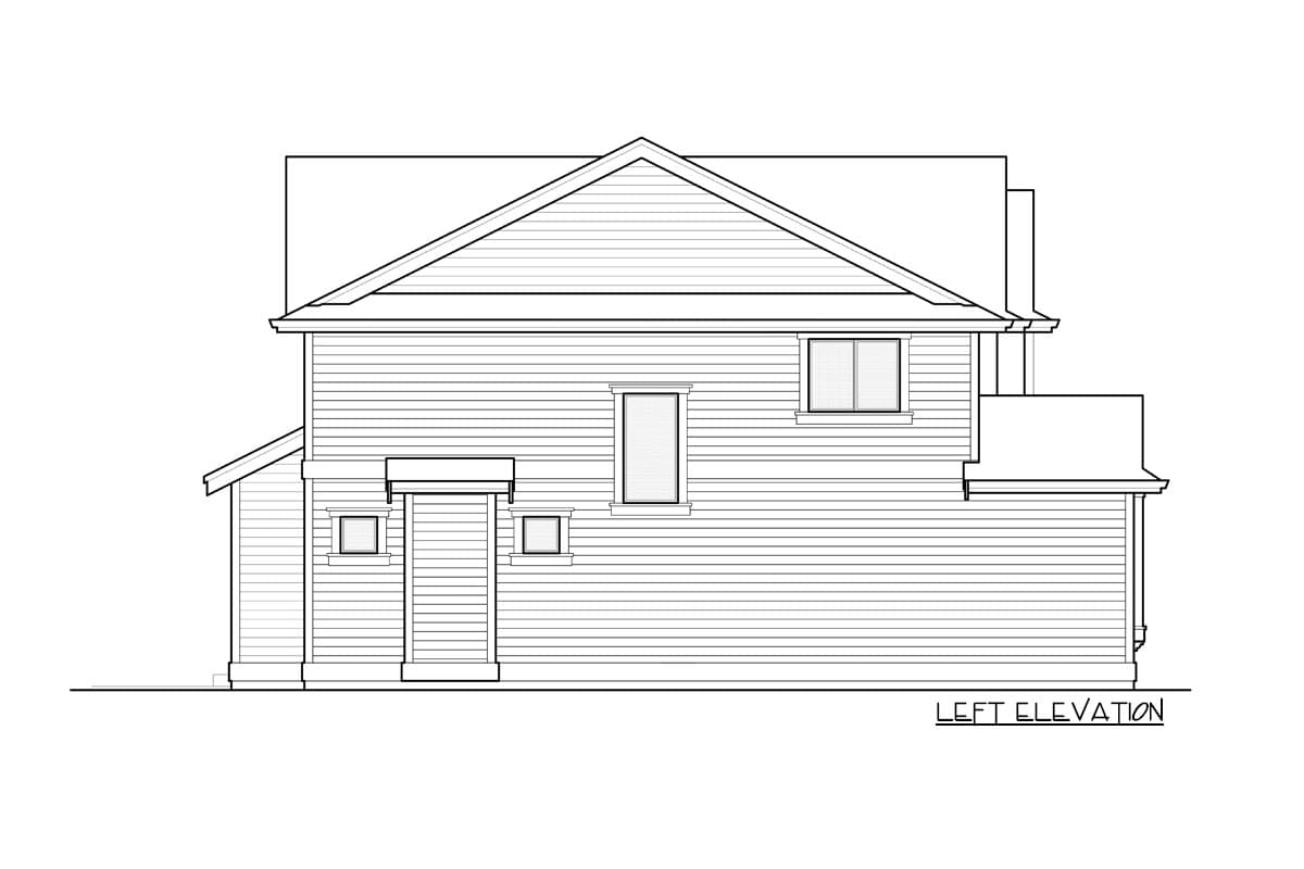 Left elevation house plan drawing showing a two-story structure with horizontal siding, a prominent gable, and a covered entrance.