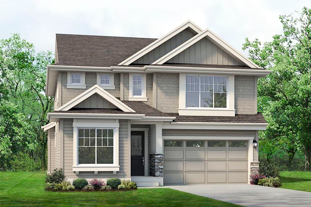 House plan exterior. Two-story home in Craftsman style. Features include gables, a covered entry porch, and a two-car garage.