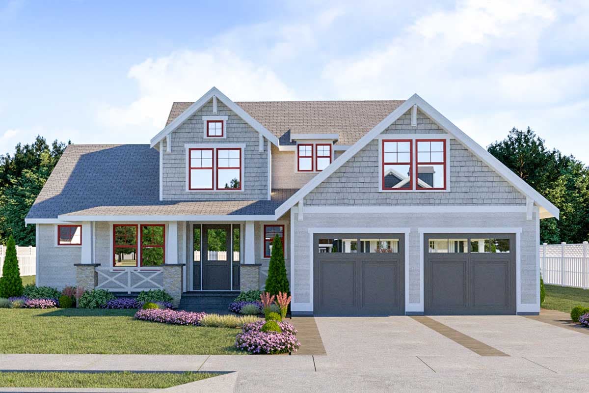 House plan exterior: Two-story Modern Farmhouse with covered front porch, gables, dormers, and a front-facing triple garage.