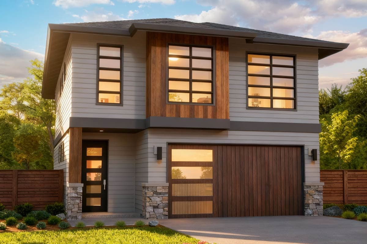 House plan exterior featuring a two-story Modern style with horizontal siding, a two-car garage, and a wood accent above the entry.