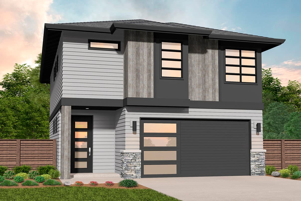 House plan exterior. Two-story modern house with horizontal siding and accent wood siding. Features include a two-car garage, and flat roofline.