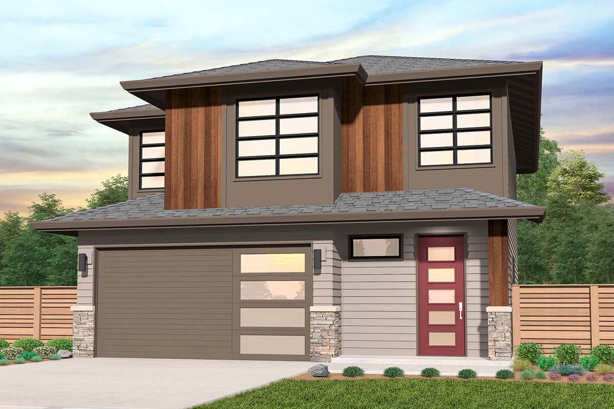 House plan exterior with two stories. Modern style with flat rooflines, wood siding accents, and a front-facing garage with glass panels.