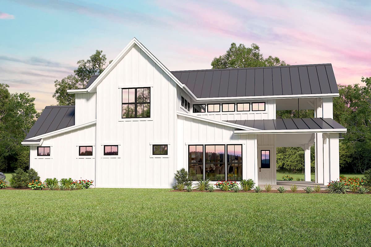 Modern Farmhouse house plan exterior with white vertical siding, dark metal roof, prominent gables, and covered porch.