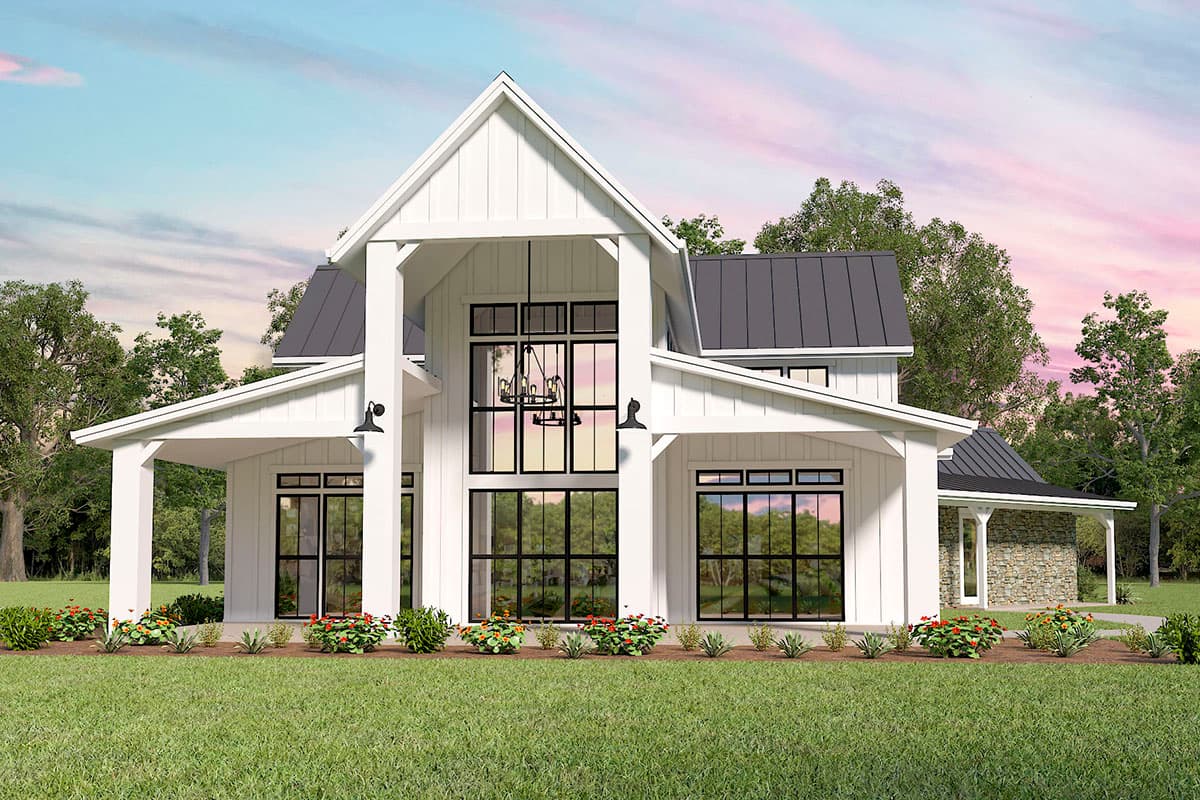 Modern farmhouse house plan exterior with a steeply pitched gable, covered porch, and tall, multi-pane windows.