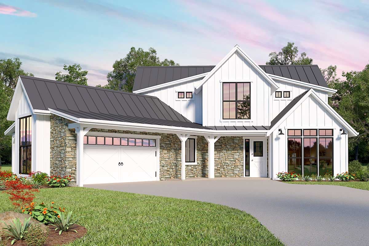 Modern Farmhouse house plan exterior with a gabled roofline, stone accents, and a covered porch leading to the entrance.