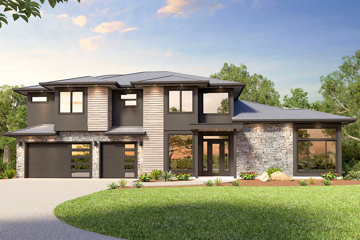 House plan exterior. Contemporary style, two-story home with a flat roof, stone facade, and a two-car garage.