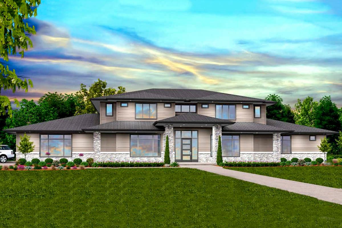House plan exterior with modern design. Two-story home with flat roof, covered entry, and large windows. Stone and siding facade.