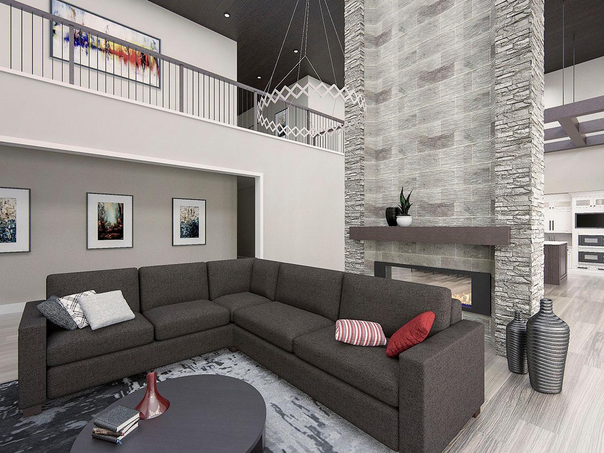 Interior rendering: Open-concept living area with sectional sofa, stacked stone fireplace, and loft overlook.