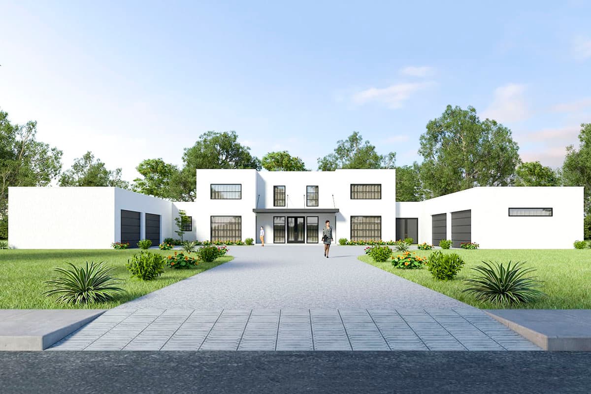 House plan exterior. Modern style, two-story home with flat roof. Features include attached garage, rectangular windows, and a covered entry.