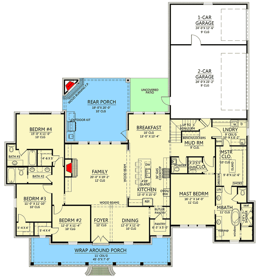Plan 56445SM: Southern-Style Acadian with Outdoor Kitchen and Wrap-Around Porch - Floor Plan - Main Level - Acadian, Country, Louisiana-Style, Southern