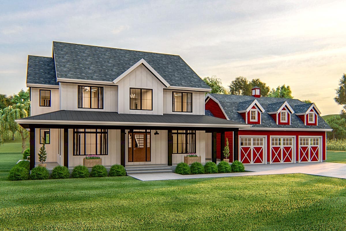 House plan exterior. Modern Farmhouse style, two-story home with a wrap-around porch, gabled roof, and attached garage with dormers.