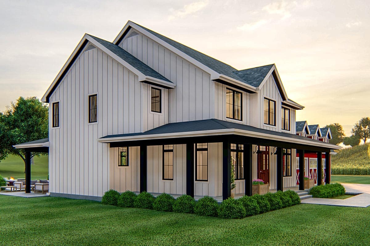Modern Farmhouse house plan exterior with vertical siding, prominent gables, and a wraparound porch.