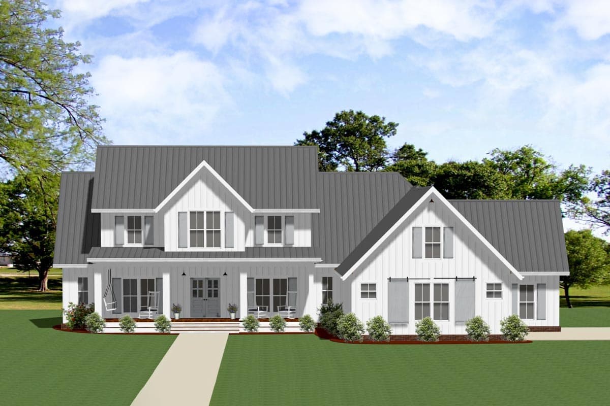 House plan exterior. Two-story Modern Farmhouse with a front porch, gables, and a metal roof. White siding with grey accents.