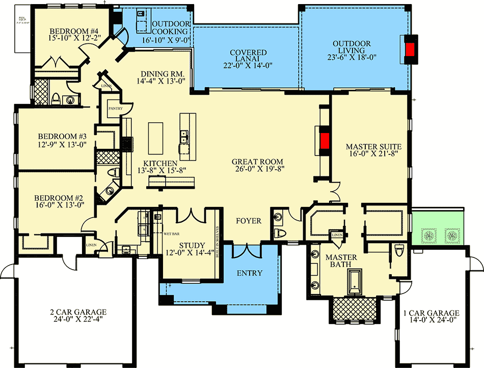 Plan 24117BG: Luxurious Mediterranean Beach Home with Open-Concept Floor Plan - Floor Plan - Main Level - Coastal, Contemporary, European, Florida-Style, Mediterranean, Southern