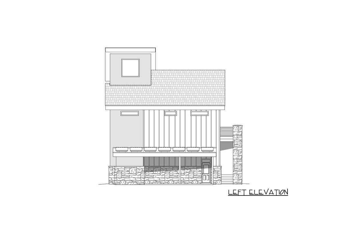 Left elevation drawing of a house with stone base, vertical siding, multi-level rooflines, and a dormer.