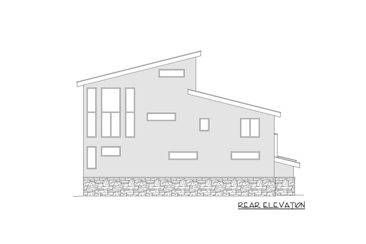 Rear elevation drawing of a house plan with a stone base, varied window sizes, and asymmetrical rooflines.