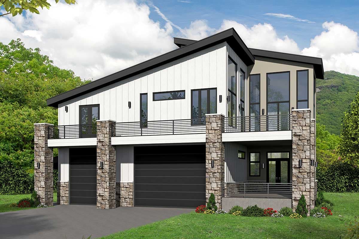 Modern house plan exterior with two stories, stone accents, black roof, and upper-level balconies with black railings.