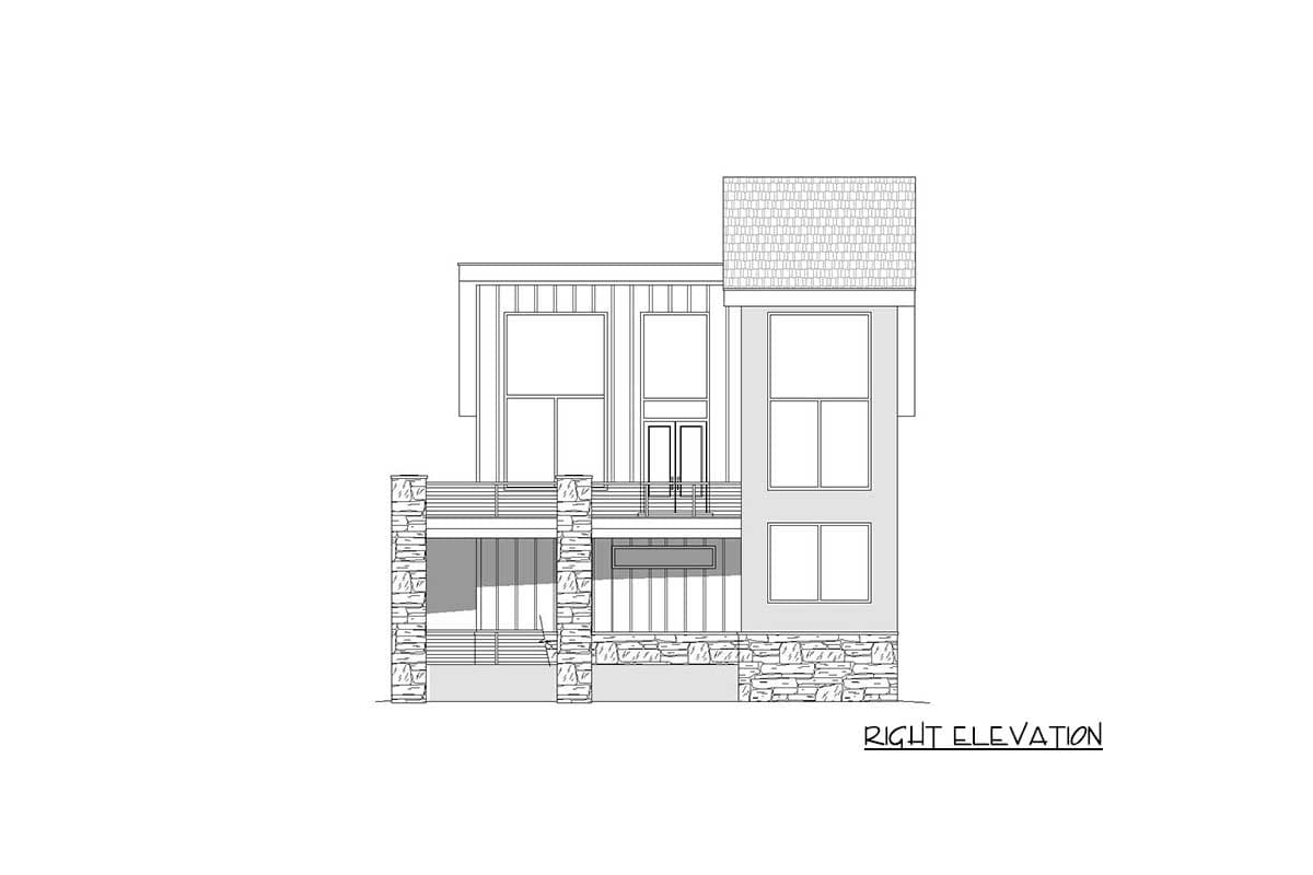 Right elevation house plan showing a two-story modern design with stacked stone accents, balconies, and large windows.