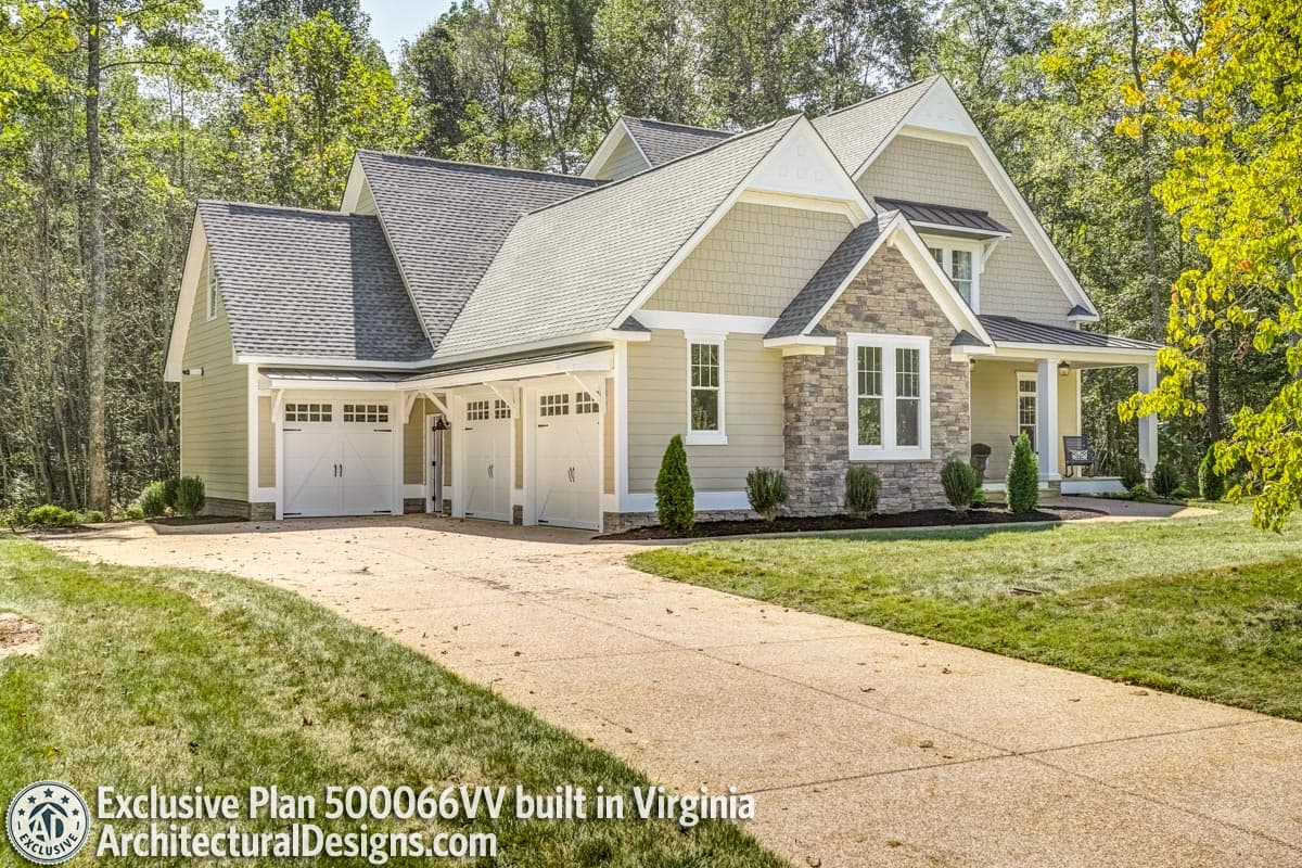 House plan exterior: Modern Farmhouse style, 2 stories, with a 3-car garage, stone accents, and covered porch.
