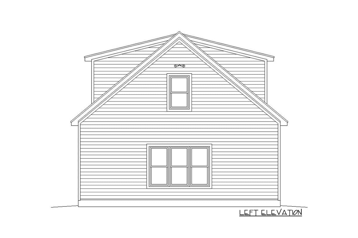Left elevation drawing of a two-story house with horizontal siding, a gable roof, and two windows.