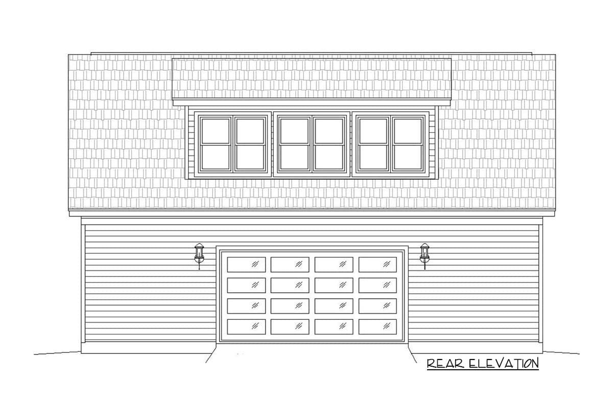 Rear elevation of a house plan showing a shingled gable roof, three dormer windows, and a vinyl-sided garage with a multi-panel door.