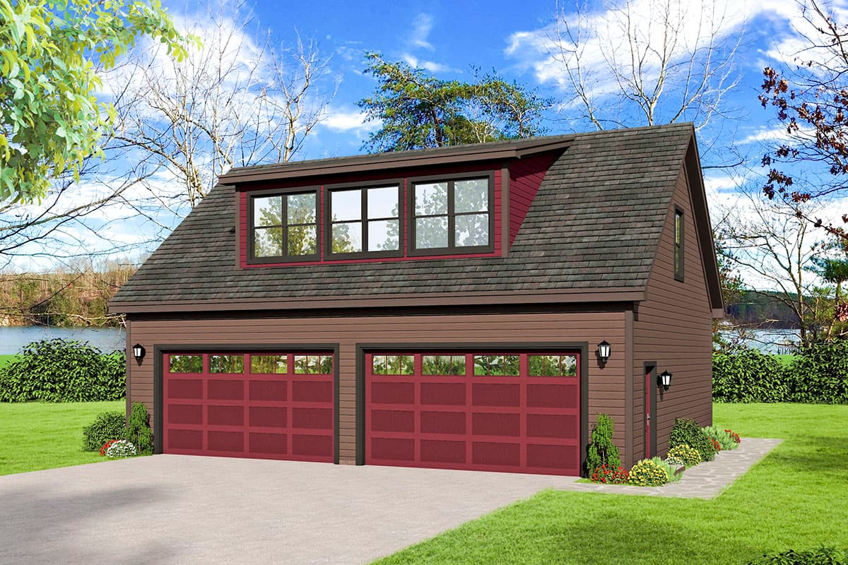House plan exterior. Two-story garage with a gabled roof, dormers, and two garage bays. Red doors, windows with black trim.