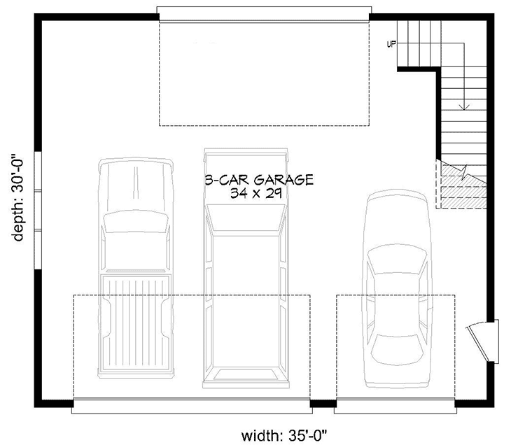 Plan 68619VR: 3-Car Detached Drive-through Garage Plan with Upstairs Open-Air Balcony - Floor Plan - Main Level