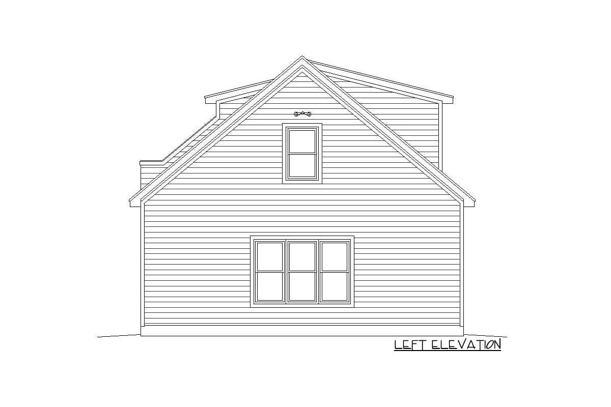 Left elevation house plan drawing showing a gable roofline, two stories, and two windows.