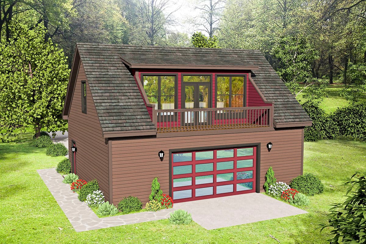 House plan exterior: Two-story structure with a garage, upper-level balcony, and gable dormer.
