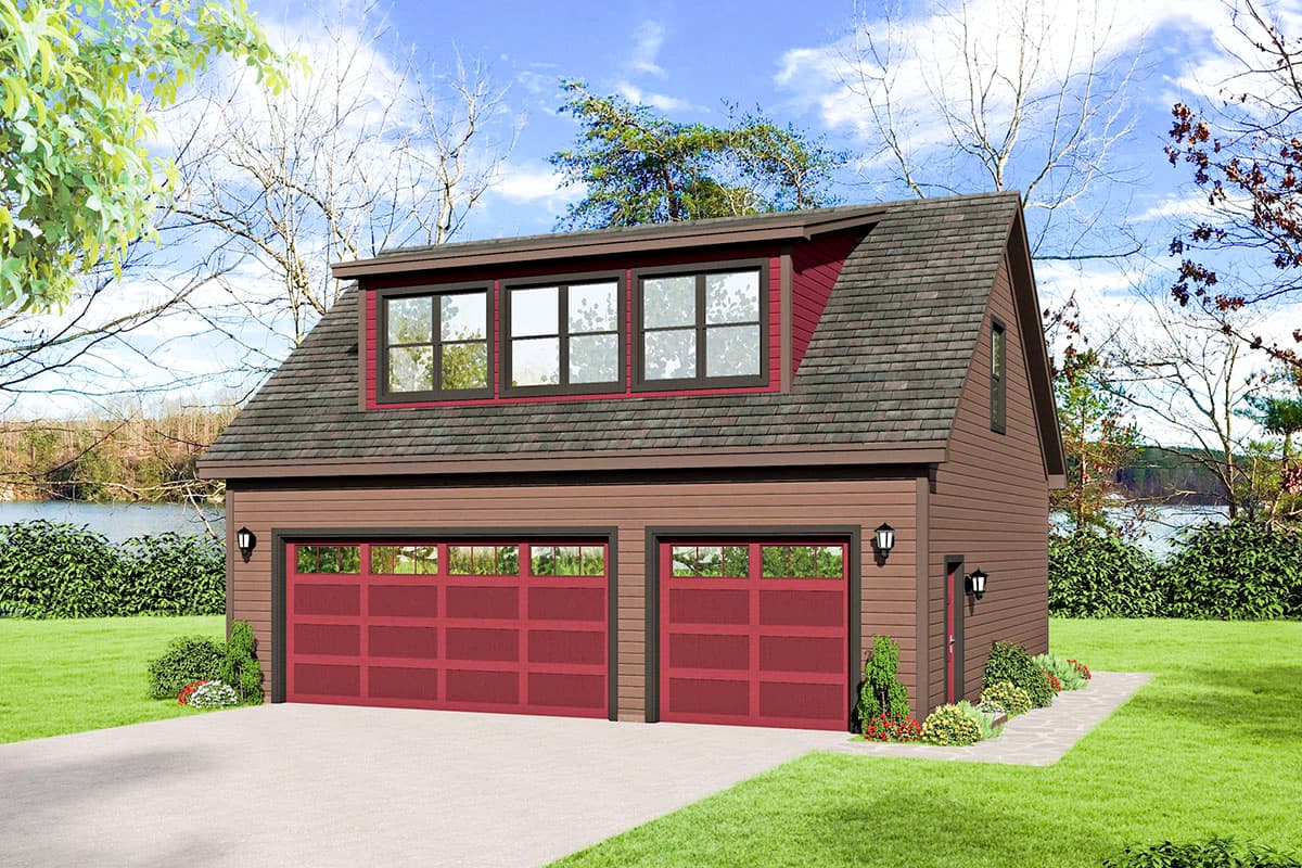 House plan exterior. Two-story garage with dormer, gable roof, and two garage doors. Features include a side entry and multiple windows.