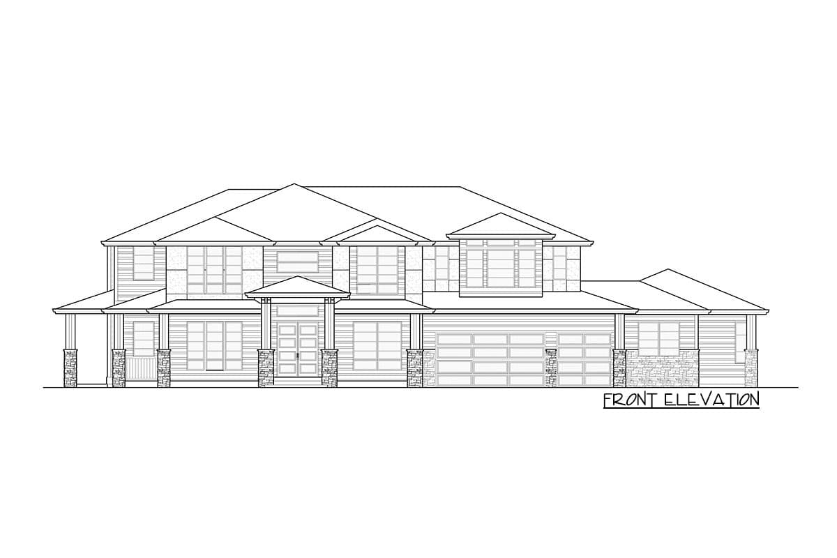 Front elevation drawing of a two-story house plan with a covered porch, multiple gables, and a three-car garage.