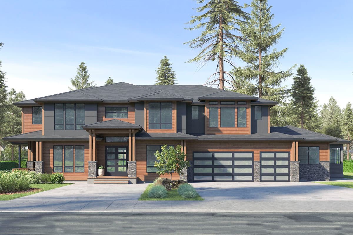 House plan exterior. Two-story Modern house with covered entry, mixed siding, and attached three-car garage.