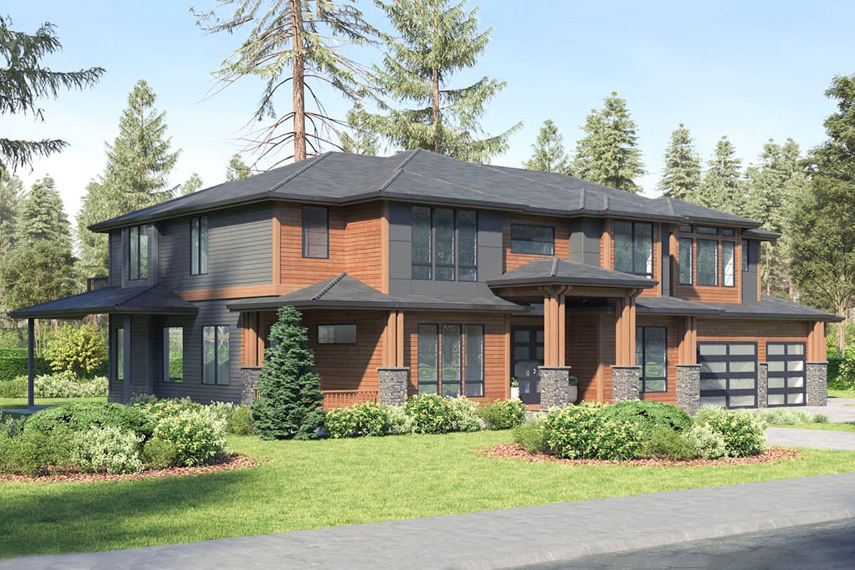 Two-story house plan exterior with a covered porch, wood siding, stone accents, and a dual garage with glass doors.