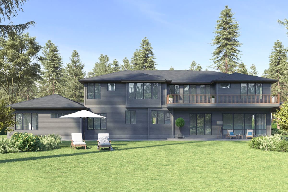 Modern house plan exterior, two stories, dark gray siding, upper-level balcony, and large windows.
