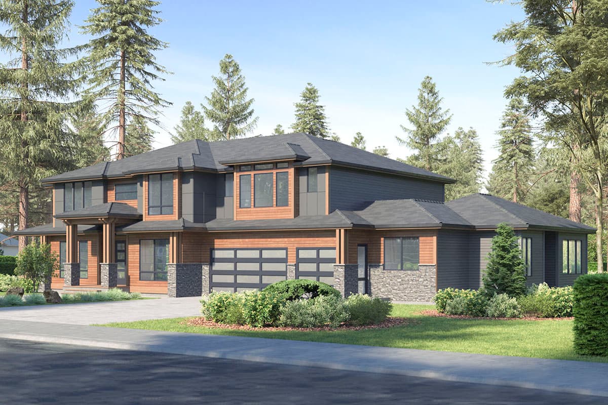 Modern house plan exterior with two stories, pitched roof, wood and stone siding, and a three-car garage.