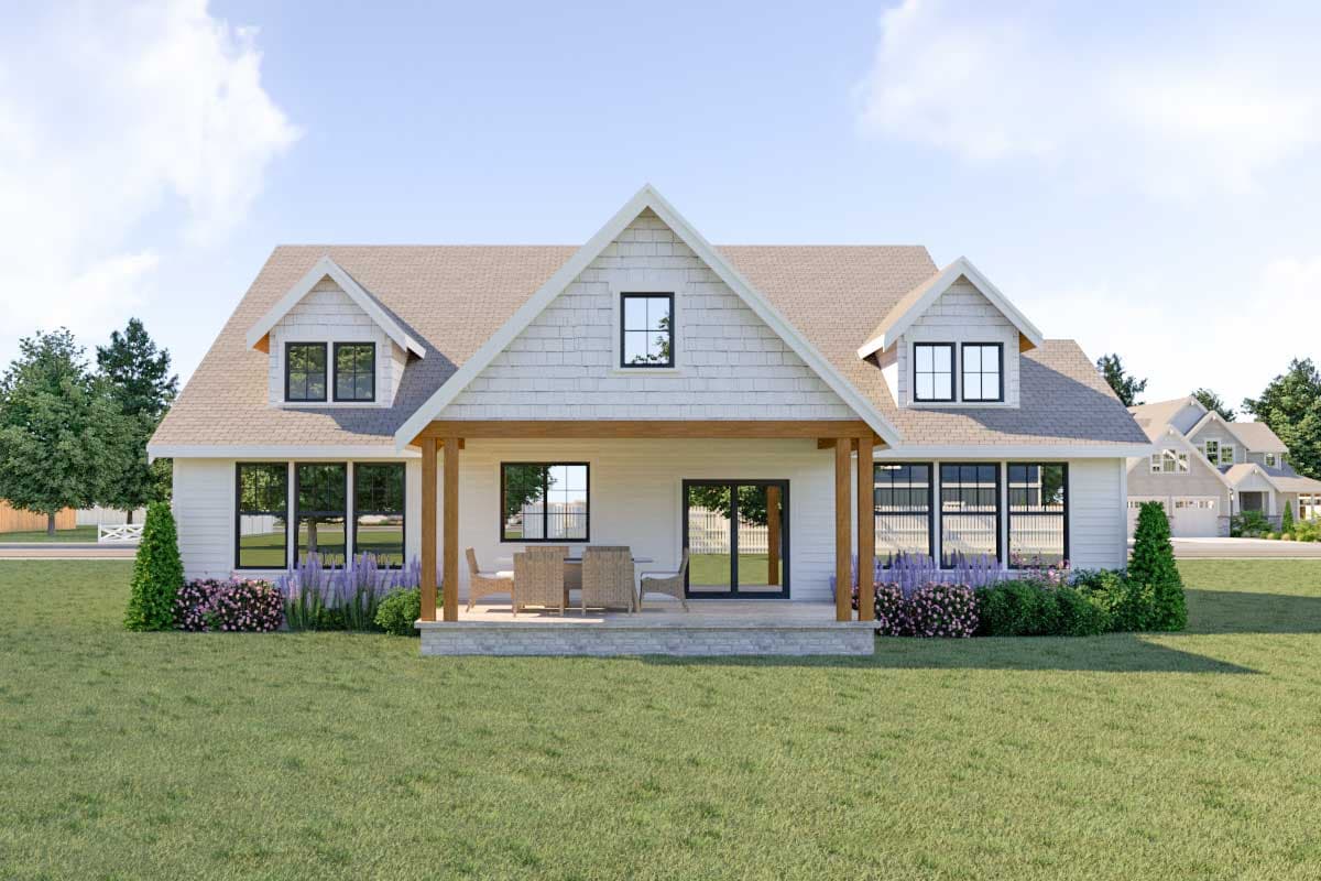 Modern Farmhouse house plan exterior with covered porch, dormers, gables, and large windows.