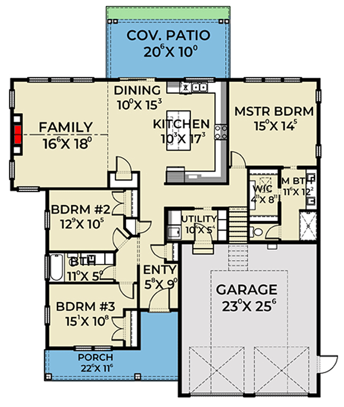 Plan 280048JWD: 3-Bed Country Farmhouse Plan with Split Bedrooms - Floor Plan - Main Level - Country, Craftsman, Farmhouse, New American
