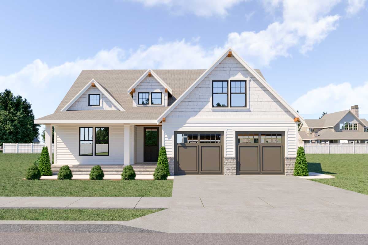 House plan exterior featuring a two-story home with a gabled roof, dormers, and a two-car garage. Porch and garage have stone accents.