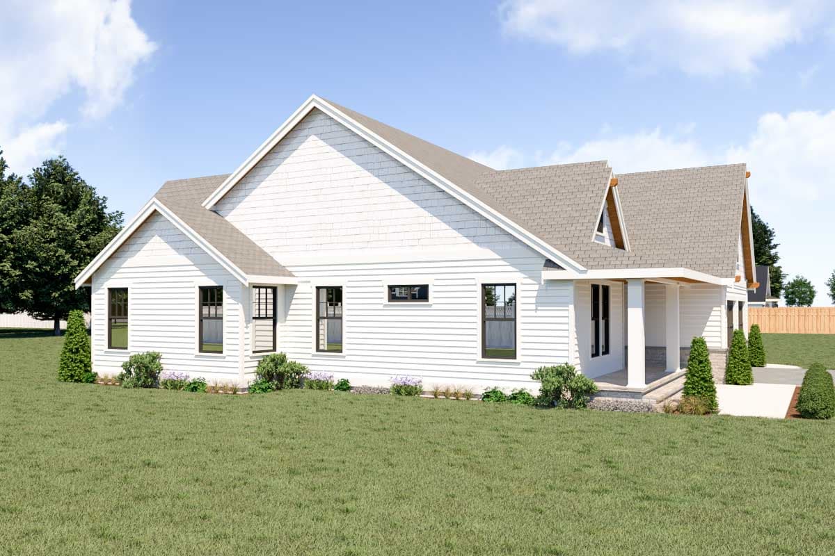 House plan exterior featuring a Modern Farmhouse style, white horizontal siding, gable dormers, and a covered front porch with stone accents.