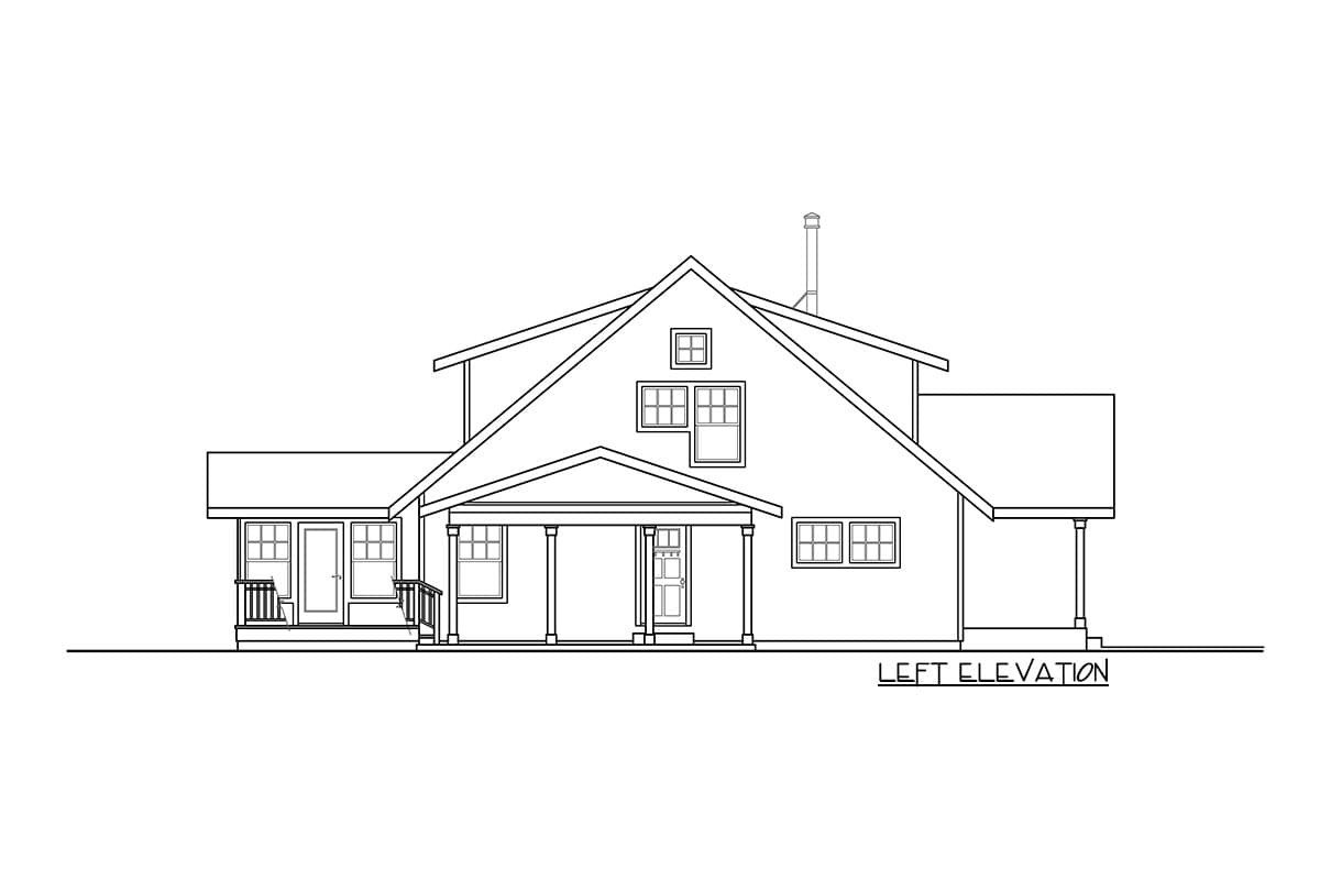 Left elevation house plan with a covered front porch, multiple gables, dormer window, and chimney.
