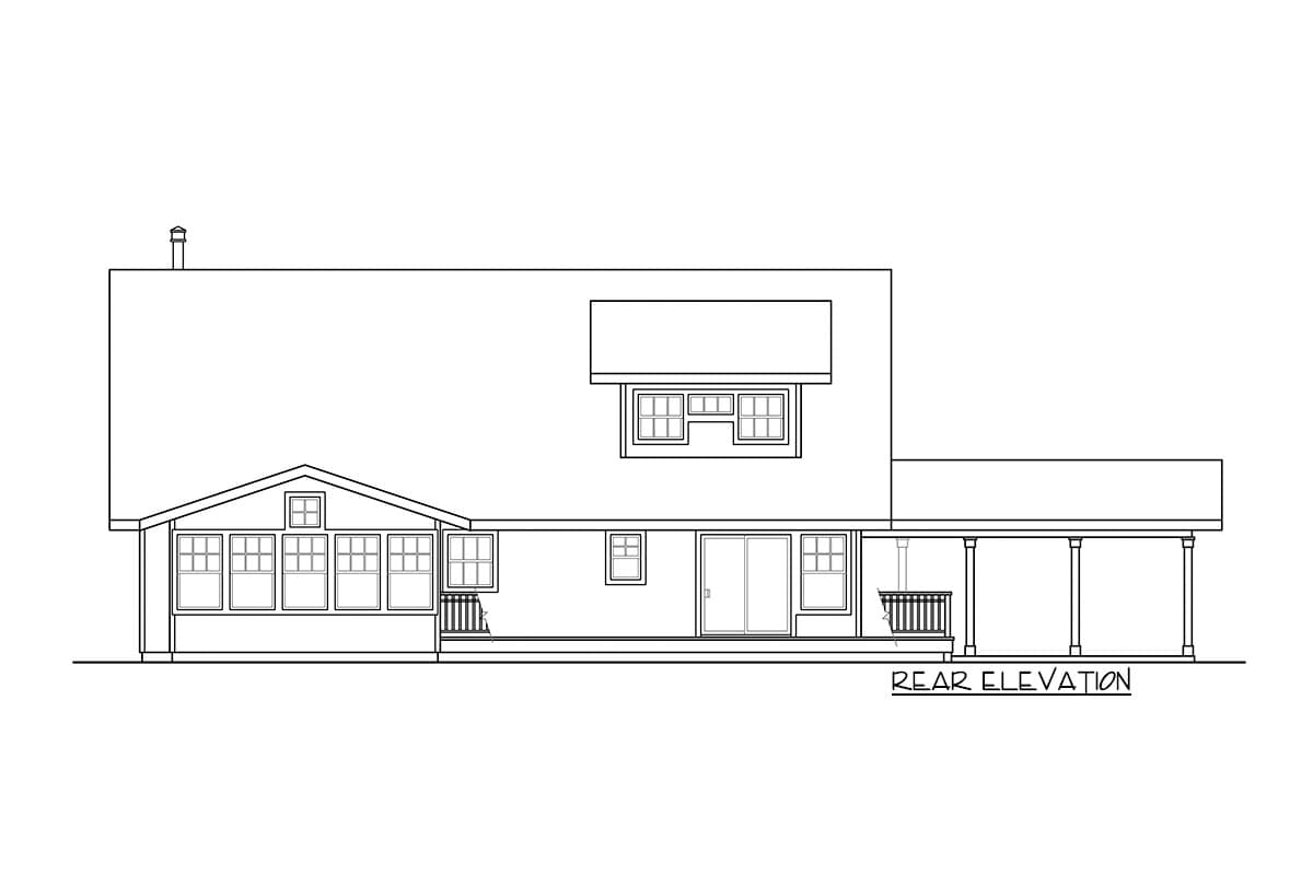Rear elevation house plan with a covered porch, multiple windows, and a dormer.