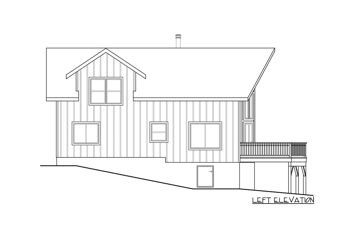 Left elevation of a two-story house plan with vertical siding, gabled dormer, and a wrap-around deck.