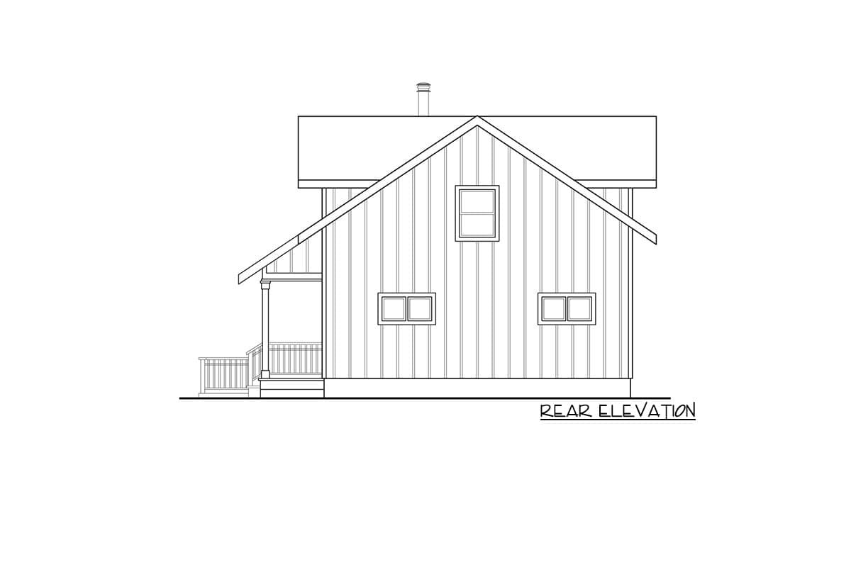 Rear elevation of a house plan featuring a prominent gable roof, vertical siding, a small porch, and multiple windows.