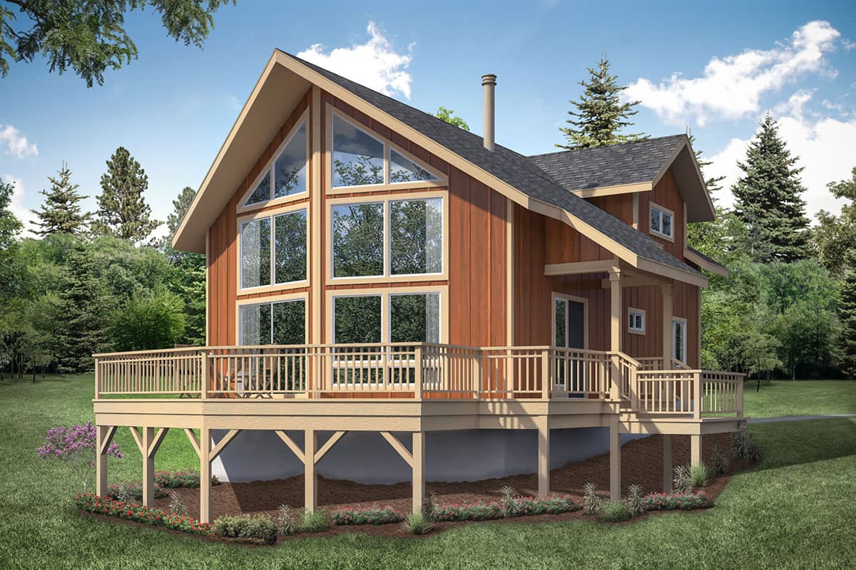 House plan exterior, two-story with a gable roof, large picture windows, and a raised deck with railings.