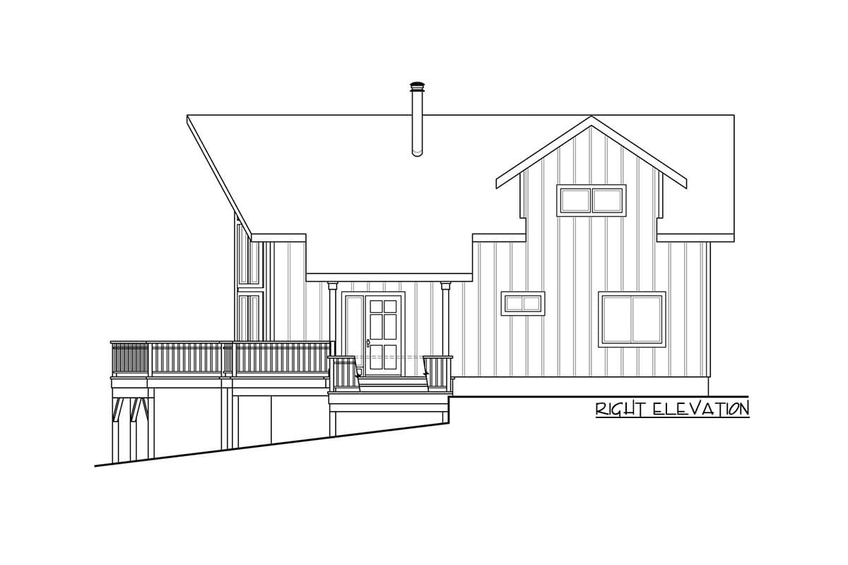 House plan right elevation: Two-story home with a large deck, covered front porch, and multiple gables.
