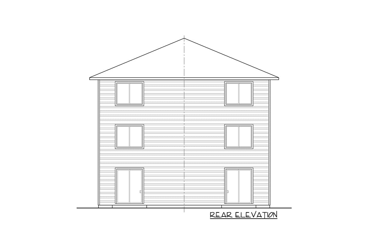 Rear elevation drawing of a two-story house plan with siding, six windows, and two sliding doors.