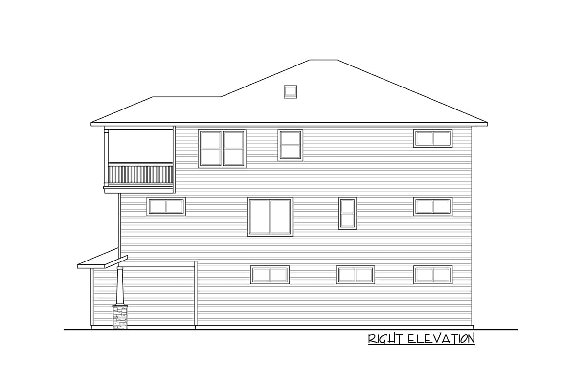 Right elevation house plan drawing with a second-story balcony, multiple windows, and a sloped roof.